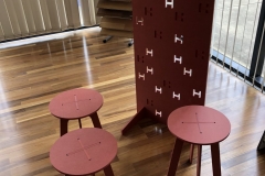 Coloured through MDF display stand and stools